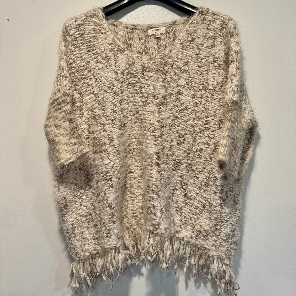Umgee Two-Tone Cream & Beige Fringe Knit Poncho